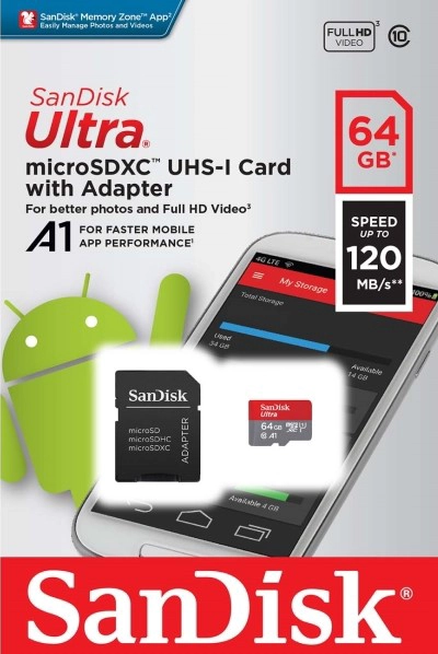 Карта памяти Micro SD 64Gb SanDisk Class 10 Ultra Android 120Mb/s с адаптером