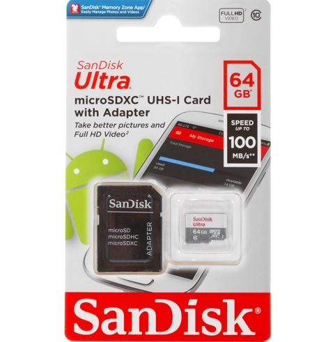 Карта памяти Micro SD 64Gb SanDisk Class 10 Ultra UHS-I 100Mb/s с адаптером