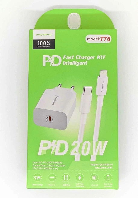 СЗУ MAIMI T76 PD20W+QC3.0 (USB-C) + Кабель Type-C