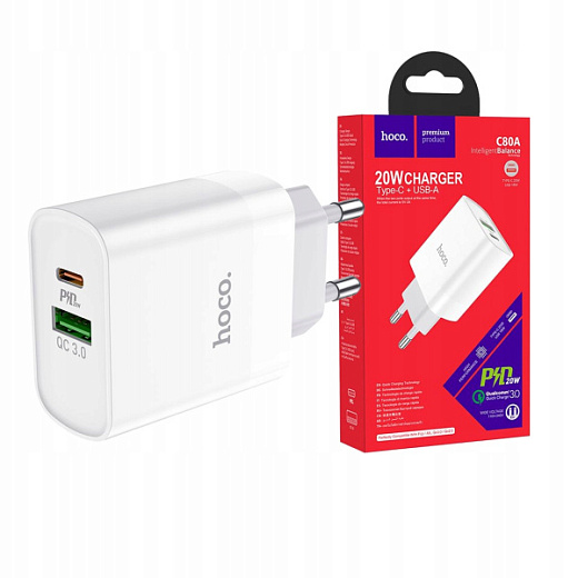 СЗУ HOCO C80A, 20W, QC3.0 (USB-A+USB-C)
