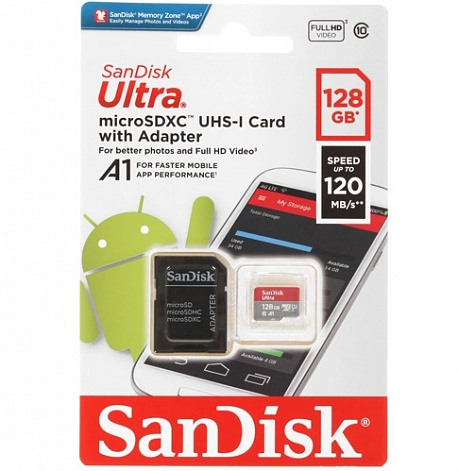 Карта памяти SanDisk MicroSD 128Gb Class 10 Ultra Android UHS-I (120 Mb/s) с SD адаптером