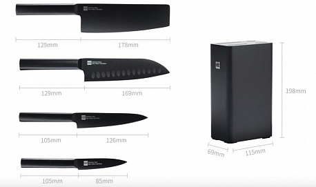 Набор Xiaomi Knife Black HU0076, 4 ножа с подставкой, черный